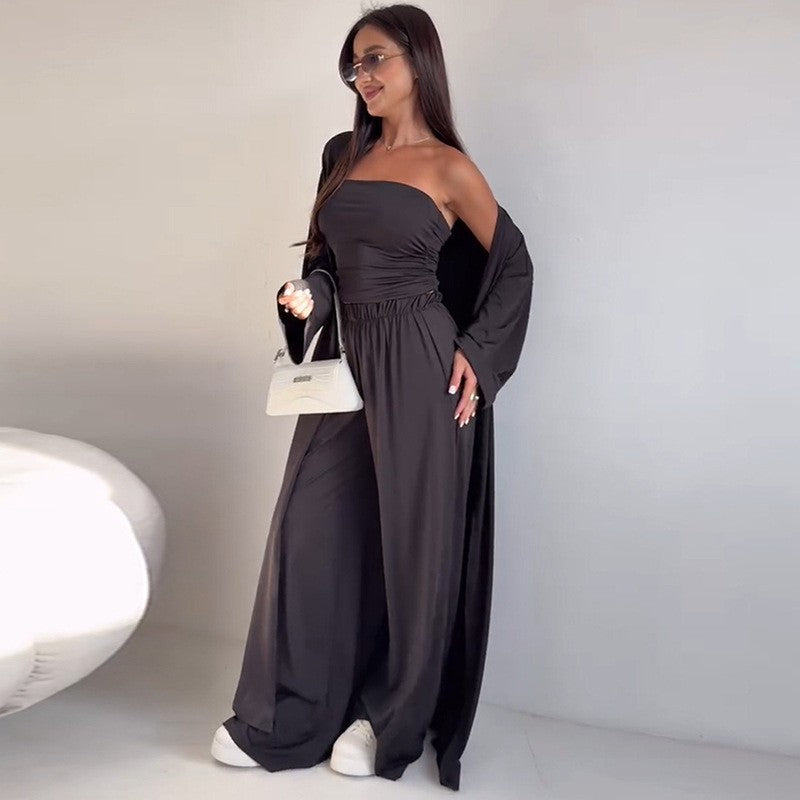 Casual Mid-calf Top Vest Long Cardigan Wide-leg Pants Three-piece Set