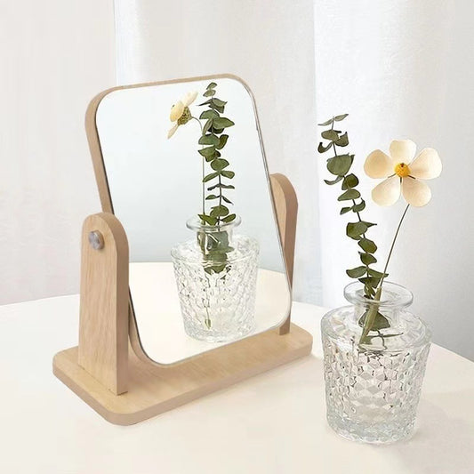 Vintage Wooden Rotating Makeup Mirror, 360 Swivel Large Desktop Vanity Mirror For Bedroom Dormitory Standing Cosmetic Mirror For Table